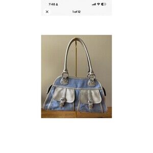 Kathy Van Zeeland Blue Suede/Gold Faux Leather Satchel Bag Grommets/Rhinestones